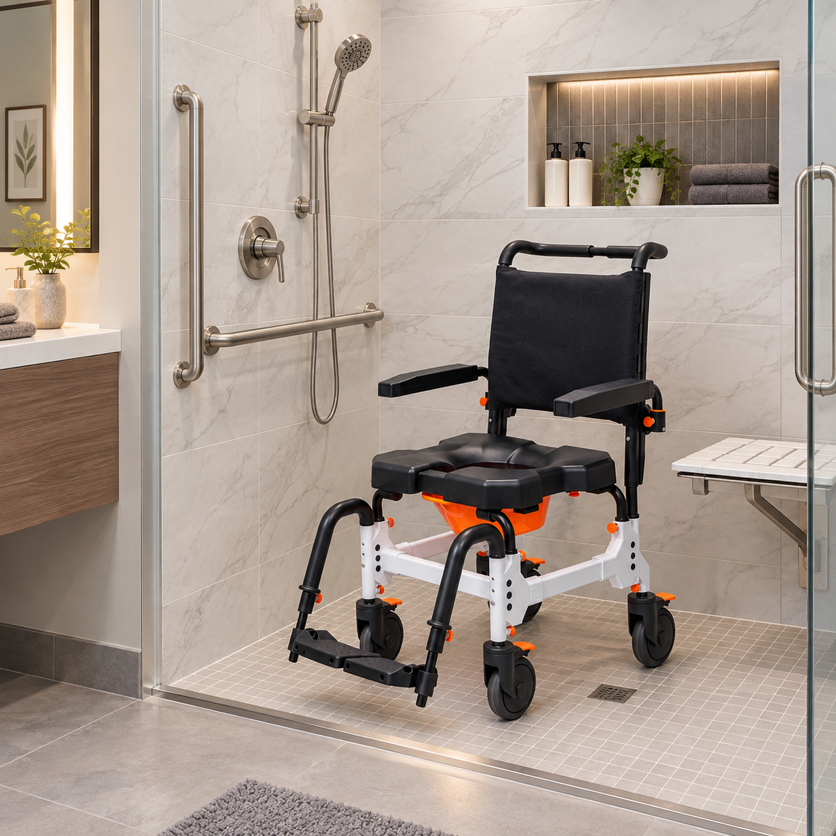Silla de ducha e inodoro con propulsión por asistente MetaPal M1-AP in a shower